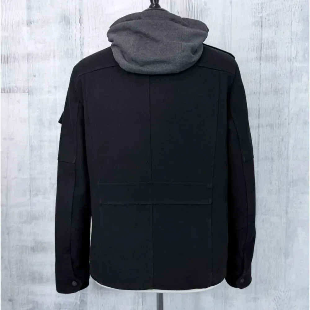 Levis Jacket Mens M Black Wool Blend Hooded Lined Quilted Pea Coat
